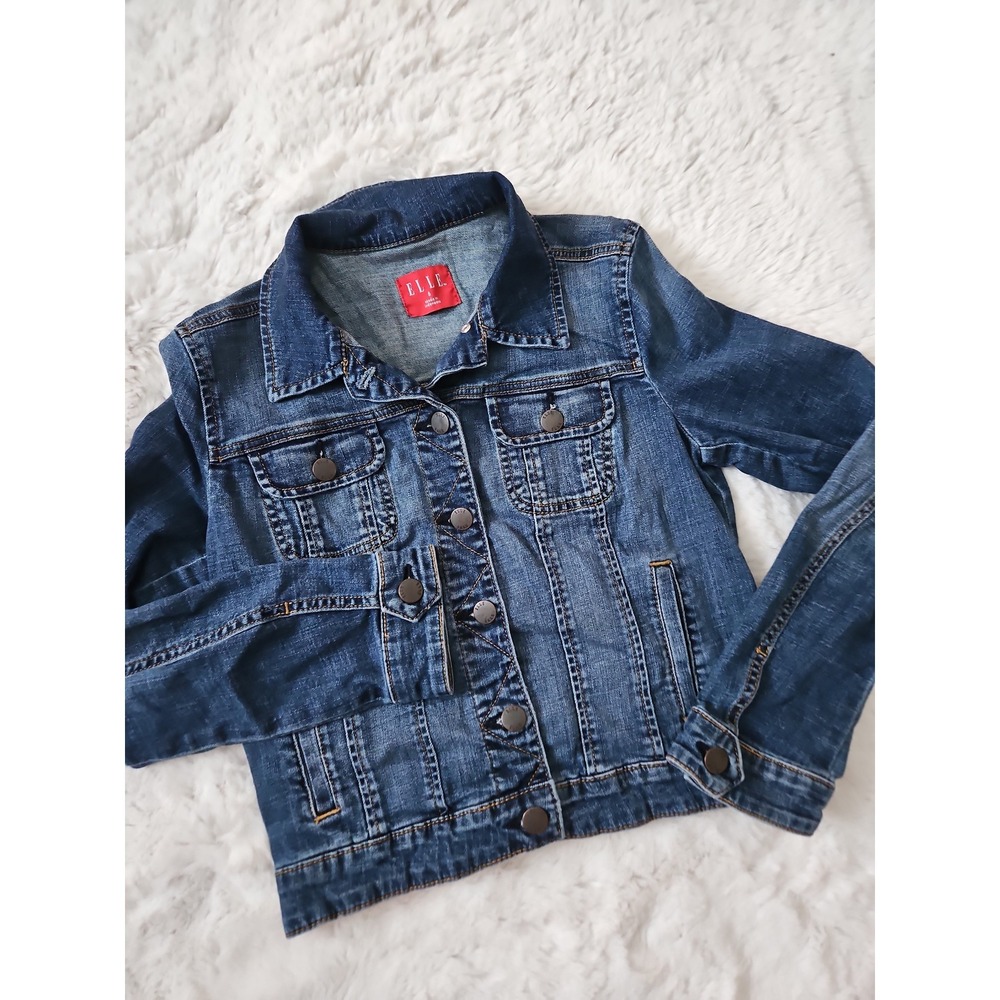 Elle Denim Jacket Women's Size Small Lined Medium Wash Cropped Jean Jacket Y2K S
